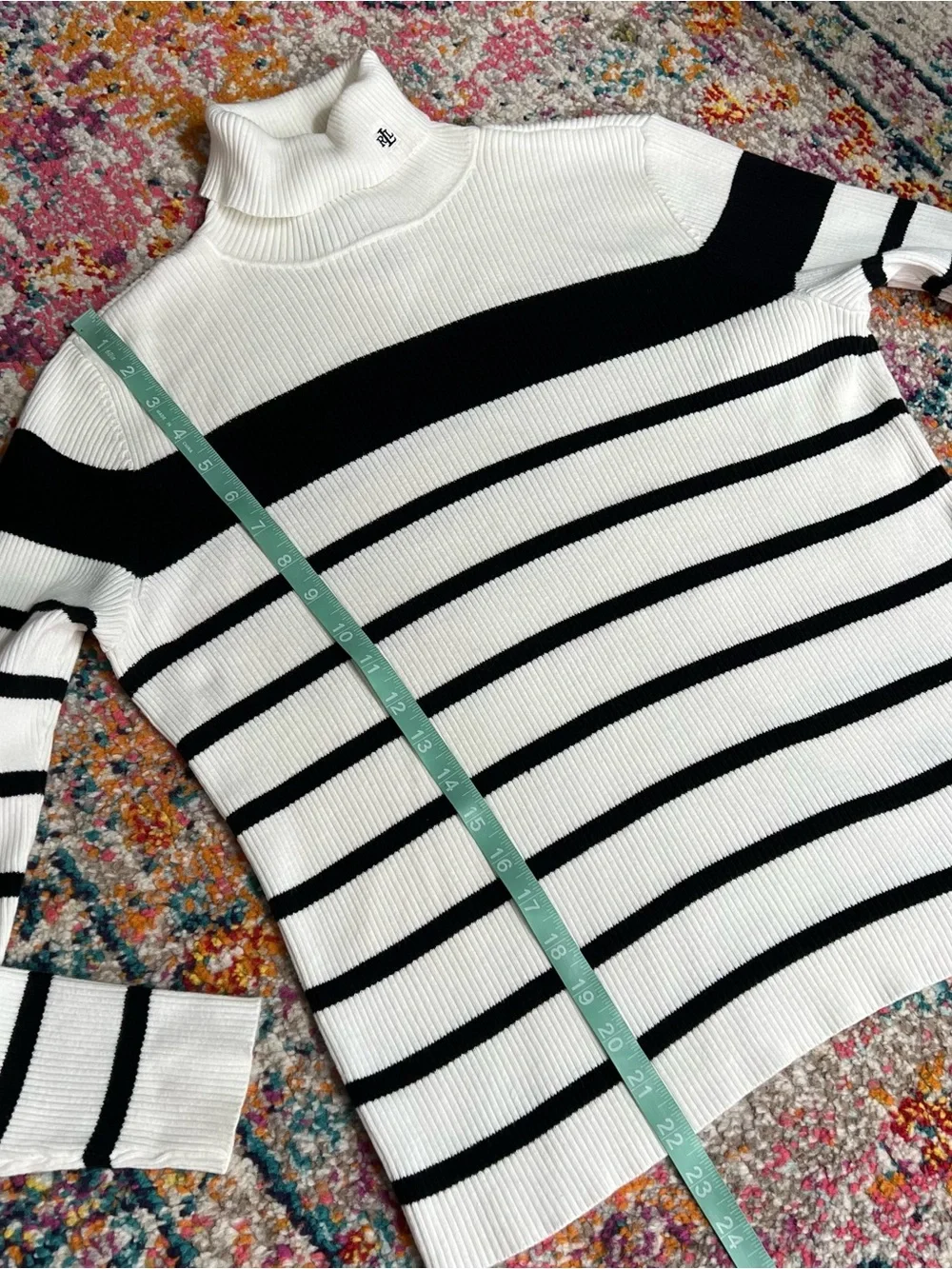 Ralph‎ Lauren Cream and Black Striped Branded Rib-Knit Turtleneck Sweater - Picture 8 of 9